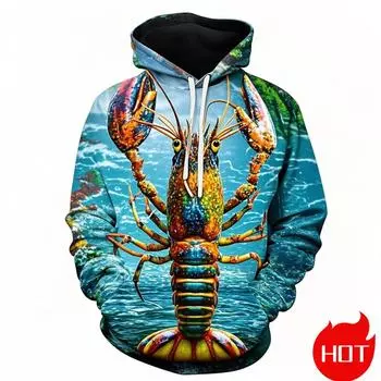 Осенние 3D милые толстовки с принтом животных и креветок, толстовки с капюшоном и рисунком морепродуктов и омаров, детские забавные пуловеры, мужская одежда, топ S