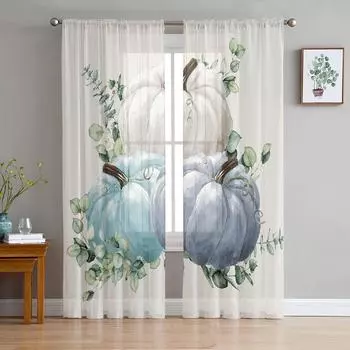 Осенняя акварель тыква прозрачная вуаль оконные шторы тюль шторы гостиная балкон украшения шторы 135W x 114H(cm)
