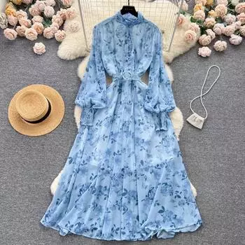 Осенние элегантные платья для женщин, с длинными пышными рукавами, воротником-стойкой и лацканами, однотонное шифоновое облегающее платье с цветочным принтом, Vestidos, Прямая поставка One Size синий