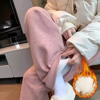 Осенние элегантные прямые однотонные флисовые трикотажные широкие брюки для женщин, модные зимние бархатные брюки с высокой талией, женские винтажные простые плюшевые брюки 25699 S чёрный