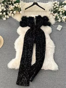 Осенние элегантные сексуальные черные комбинезоны 2023, европейская мода с открытыми плечами, тонкий длинный комбинезон с перьями и блестками S чёрный