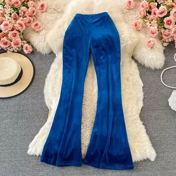 Осенние бархатные однотонные расклешенные брюки с высокой талией, брюки с эластичным поясом, легкий расклешенный низ, летние женские брюки Y2k One Size красный