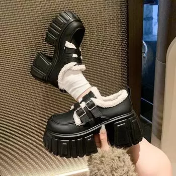 Осенние бархатные туфли на небольшом толстом каблуке женские 2024 года, теплые туфли Мэри Джейн из британского хлопка 34