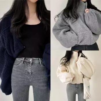 Осенние бежевые теплые флисовые толстовки на молнии женские свободные рукава-фонарики карманы зима 2024 повседневные пуловеры из овечьей шерсти женские M бежевый