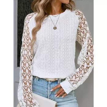 Осенние блузки и рубашки с длинными рукавами, с круглым вырезом, кружевные, однотонные, в стиле пэчворк, для женщин S белый