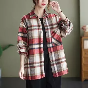 Осенние блузки Literature Loose Brushed Plaid Lapel Long Sleeves Blouses Женская рубашка Top M хаки