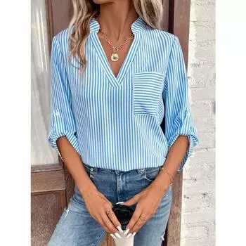 Осенние блузки Женские пуловеры с V-образным вырезом Блузки с полосатым принтом Повседневная женская рубашка с длинными рукавами S красный