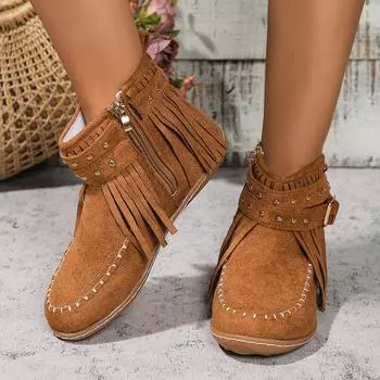 Осенние ботильоны на плоской подошве, женские замшевые ботинки с кисточками в стиле ретро, модные короткие ботинки с круглым носком и мягкой подошвой, повседневная женская обувь 36 коричневый
