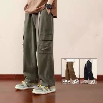 Осенние брюки-карго для мужчин с несколькими карманами, хлопковые повседневные широкие брюки, мужская рабочая одежда, свободные прямые брюки больших размеров XS чёрный