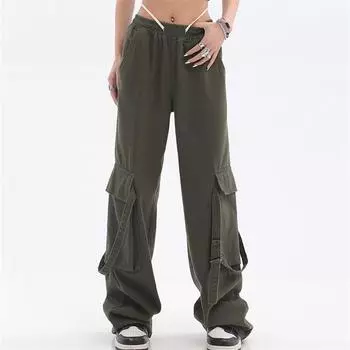 Осенние брюки с высокой талией в японском стиле Harajuku Хип-Хоп Панк Брюки High Street CargoПовседневные модные свободные брюки с широкими штанинами M зелёный