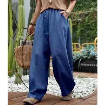 Осенние брюки-шаровары из хлопка и льна в этническом стиле, женские свободные брюки с драпировкой в стиле ретро, широкие брюки в стиле дзен-чай M серый