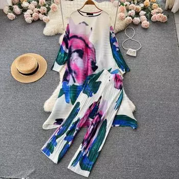 Осенние брюки в ленивом стиле с принтом в этническом стиле, платье, свободные повседневные длинные брюки с широкими штанинами, женский костюм из двух предметов