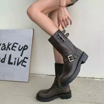 Осенние черные боевые ботинки на платформе с пряжкой и застежкой-защелкой для женщин, утолщенные зимние мотоциклетные ботинки Q140 35