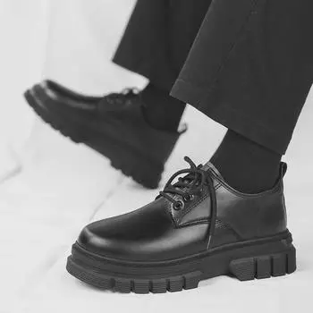 Осенние черные мужские туфли на шнуровке из кожи 2024 года в деловом стиле — толстая подошва, визуально увеличивающая рост, британский стиль для деловых и повседневных нужд 40 чёрный