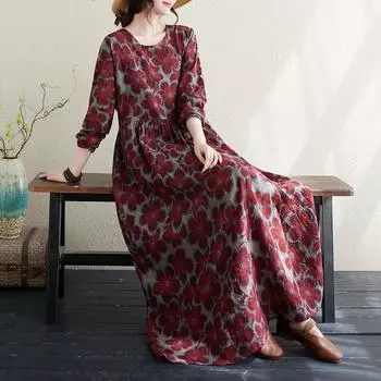 Осенние цвета круглый вырез ретро длинные платья с мясным покрытием хлопковое льняное платье для женщин L бордовый