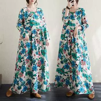 Осенние цвета отпуск стиль путешествия круглый вырез ретро длинное покрытие телесного цвета хлопок лен повседневные платья L