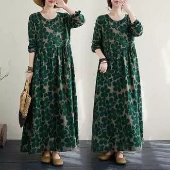 Осенние цвета отпускного стиля для путешествий с круглым вырезом в стиле ретро с длинными рукавами из хлопка и льна в повседневном стиле L зелёный