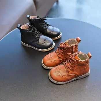Осенние детские ботинки, детские мягкие ботинки из искусственной кожи, стиль «броги», со шнуровкой и молнией сбоку, для девочек и мальчиков, ботильоны коричневого, черного цвета 30 чёрный