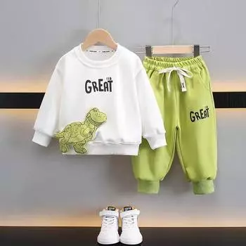 Осенние детские комплекты одежды для девочек и мальчиков, детский свитер с изображением динозавра, пуловер, штаны, комплект из двух предметов, спортивный костюм 90cm зелёный