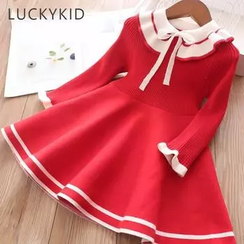 Осенние детские платья для девочек, модный костюм для маленьких девочек, теплое вязаное платье-свитер, милая школьная одежда 4T красный
