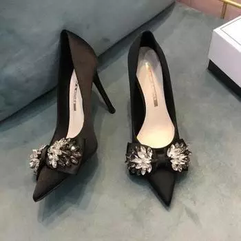 Осенние дизайнерские новые туфли на высоком каблуке женские заостренные черные высококачественные темпераментные хрустальные банты удобные все французские одинарные туфли 35