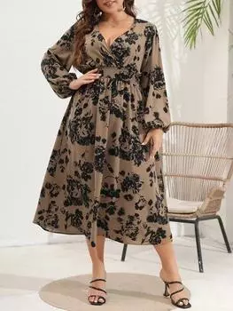 Осенние длинные платья в стиле бохо с цветочным принтом больших размеров для женщин 2024, повседневное праздничное платье трапециевидной формы с длинными рукавами-фонариками и V-образным вырезом XL чёрный
