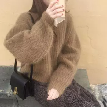 Осенние длинные рукава однотонные свободные мохеровые вязаные свитера женские модные повседневные теплые зимние пуловеры свитера женские элегантные винтажные трикотажные джемперы 25776 One Size синий