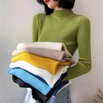 Осенние длинные рукава свитера женские полувысокий воротник вязаные свитера женские повседневные трикотажные топы однотонные облегающие зимние одежды 27972 One Size абрикосовый