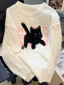 Осенние довольно теплые свободные топы для женщин, шикарный дизайн, лоскутное шитье с вышивкой в виде кота, женский японский модный вязаный свитер, новинка 2024 года S чёрный