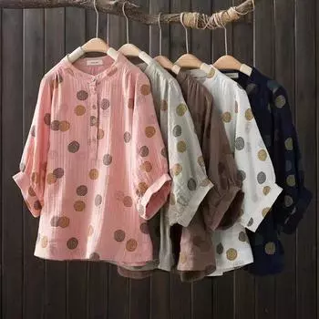 Осенние двухслойные блузки и рубашки из хлопковой пряжи с принтом, рубашка больших размеров, свободная рубашка с рукавом пять четвертей и воротником-стойкой из хлопковой пряжи M
