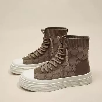 Осенние дышащие высокие туфли 2024 года с толстой подошвой и высокой посадкой, вязаные эластичные носки и ботинки для женщин 35 хаки