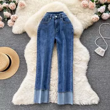 Осенние джинсы с высокой талией Design Sense, женские прямые свободные брюки с девятью точками, тонкие широкие брюки с гонконгским вкусом