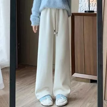 Осенние флисовые повседневные широкие брюки для женщин, зимние утепленные прямые свободные брюки с высокой талией, женские элегантные плюшевые брюки на шнурке 25318 S
