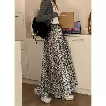 Осенние французские красавицы с эластичной талией и платьем А-силуэта с цветочным принтом выглядят стройной французской юбкой. one size синий