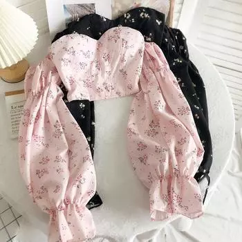 Осенние французские милые пряные топы с расклешенными рукавами на одно плечо и ключицей для девочек с коротким абзацем и принтом сладкого ветра