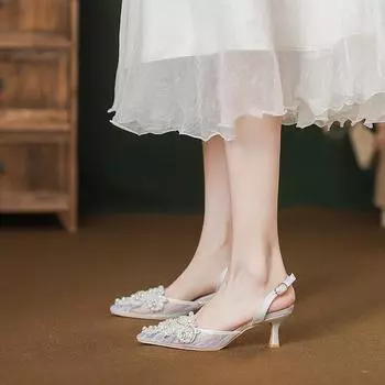 Осенние французские свадебные туфли на шпильках 2024 года: Женские босоножки на высоком каблуке с закрытым носком Niche 36 покинуть белый