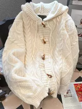 Осенние французские теплые свободные топы для женщин, шикарный дизайн, свитер с пряжкой в виде бычьего рога, женский симпатичный модный вязаный кардиган с капюшоном, новинка 2024 г. S абрикосовый