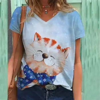 Осенние футболки с 3D принтом, повседневная женская футболка с v-образным вырезом, свободный женский топ с коротким рукавом Ize S
