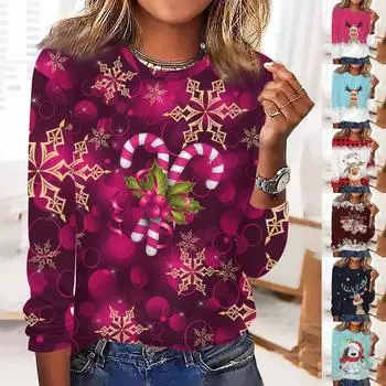 Осенние футболки с 3D принтом, повседневная женская рождественская футболка с круглым вырезом, плюс размер, свободный женский топ с длинным рукавом S