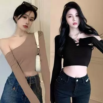 Осенние футболки с открытыми плечами и косым воротником для женщин, однотонные черно-белые укороченные футболки с длинными рукавами для девочек, топы
