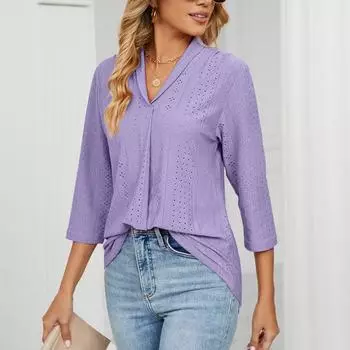 Осенние футболки свободного кроя с V-образным вырезом и жаккардовым узором, со средним рукавом и отворотами для женщин S розовый