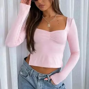 Осенние футболки Y2K, однотонный топ с квадратным вырезом и длинными рукавами, женский топ с боковым разрезом, женская футболка, уличная одежда, 29669 XS коричневый