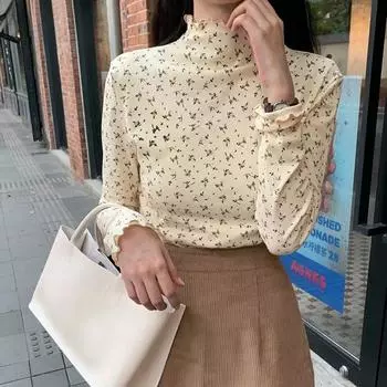 Осенние футболки женские модные тонкие уличные футболки Harajuku с длинным рукавом с цветочным принтом повседневные утолщенные водолазки с изображением съедобных грибов из дерева шикарные S бежевый