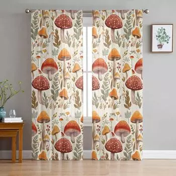 Осенние грибы, растения, листья, ретро, прозрачные шторы для гостиной, спальни, тюлевая занавеска для кухни, вуаль, штора, жалюзи, панели 135W x 114H(cm)