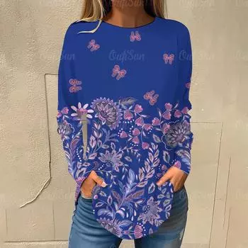 Осенние хлопковые женские футболки с цветочным принтом и бабочками, длинные рукава, модная женская одежда S
