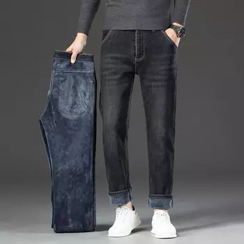 Осенние и зимние эластичные флисовые теплые джинсы мужские деловые свободные прямые брюки зимние повседневные мужские брюки больших размеров 28 серый/синий