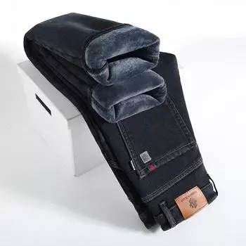 Осенние и зимние эластичные флисовые теплые джинсы мужские деловые свободные прямые брюки зимние повседневные мужские брюки больших размеров 28 темно-синий