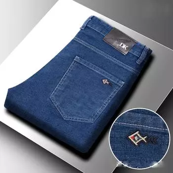 Осенние и зимние эластичные мужские джинсы 500 г свободные повседневные прямые брюки с высокой талией износостойкие рабочие мужские деловые брюки 30 синий