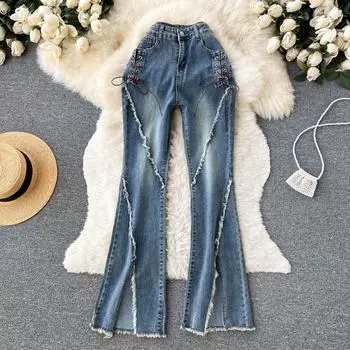 Осенние и зимние эластичные узкие джинсы с микро-клеш в стиле ретро с открытой линией роста волос и завязками на бретелях с высокой талией