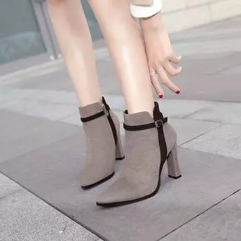 Осенние и зимние бархатные и толстые сапоги Короткие сапоги Теплые остроносые сапоги Британский стиль Толстые каблуки Голые сапоги Женская обувь 34 чёрный